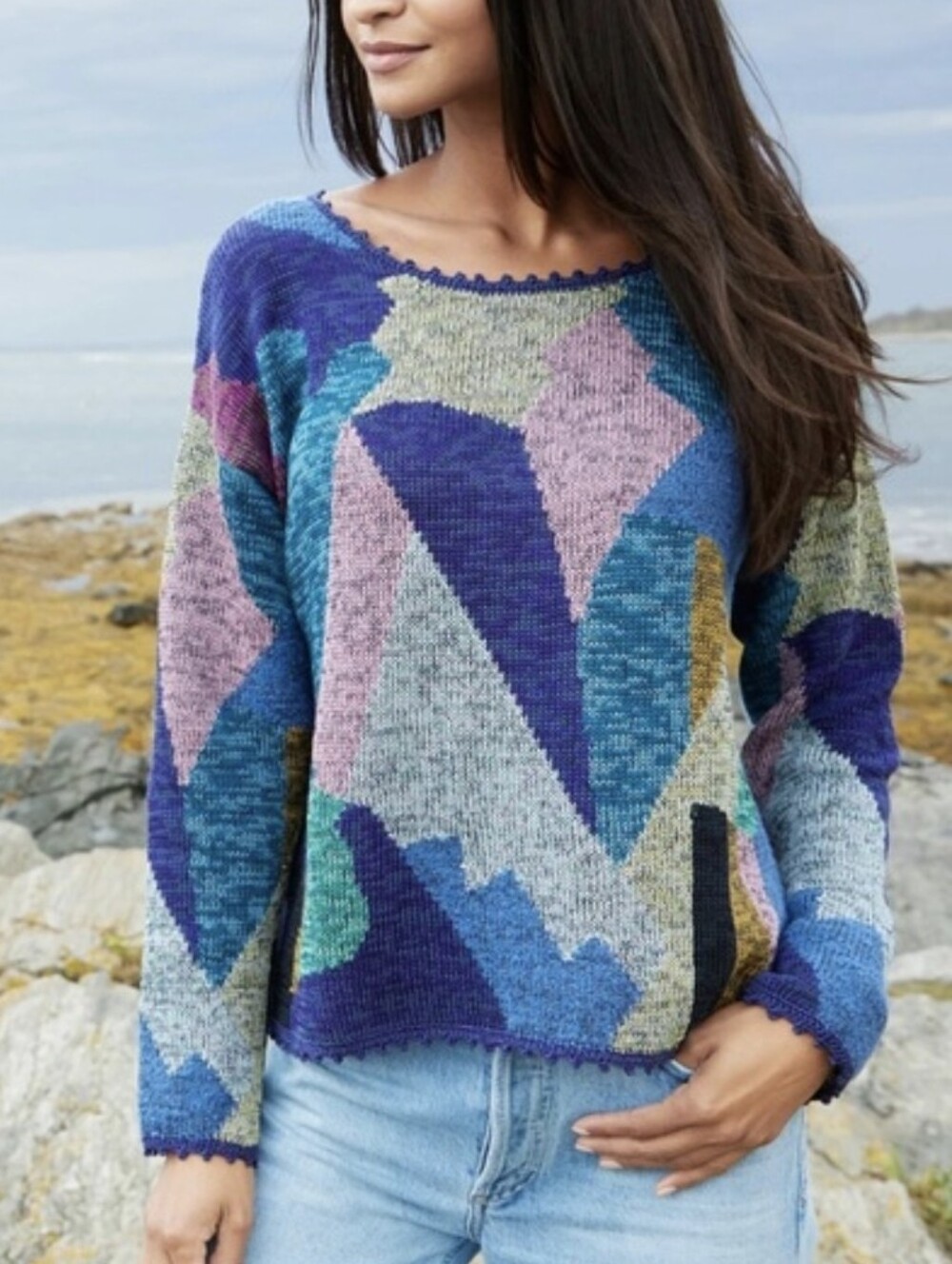 Peruvian Connection Multicolor Geometric Crewneck Sweater Sz L